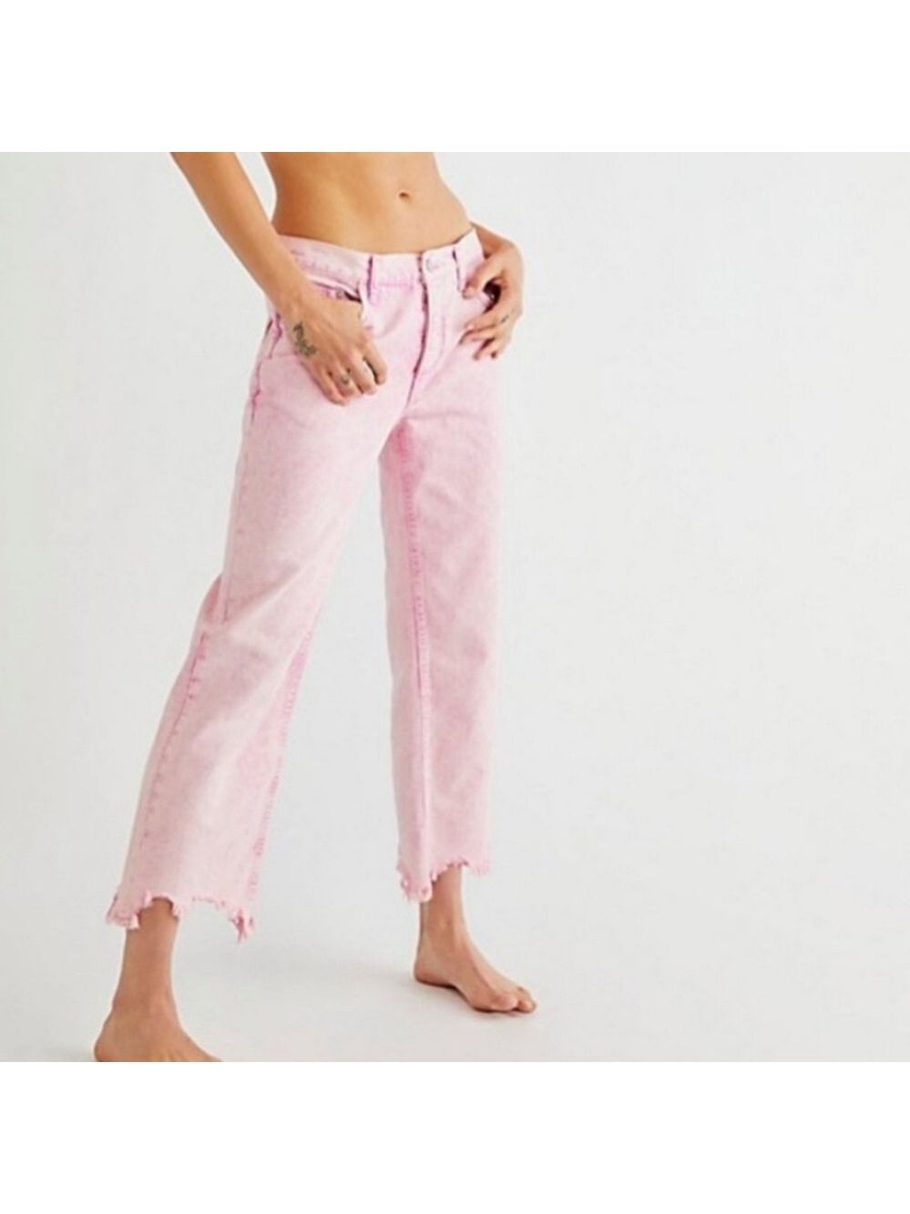 Free People Pink Cropped Straight-Leg Jeans